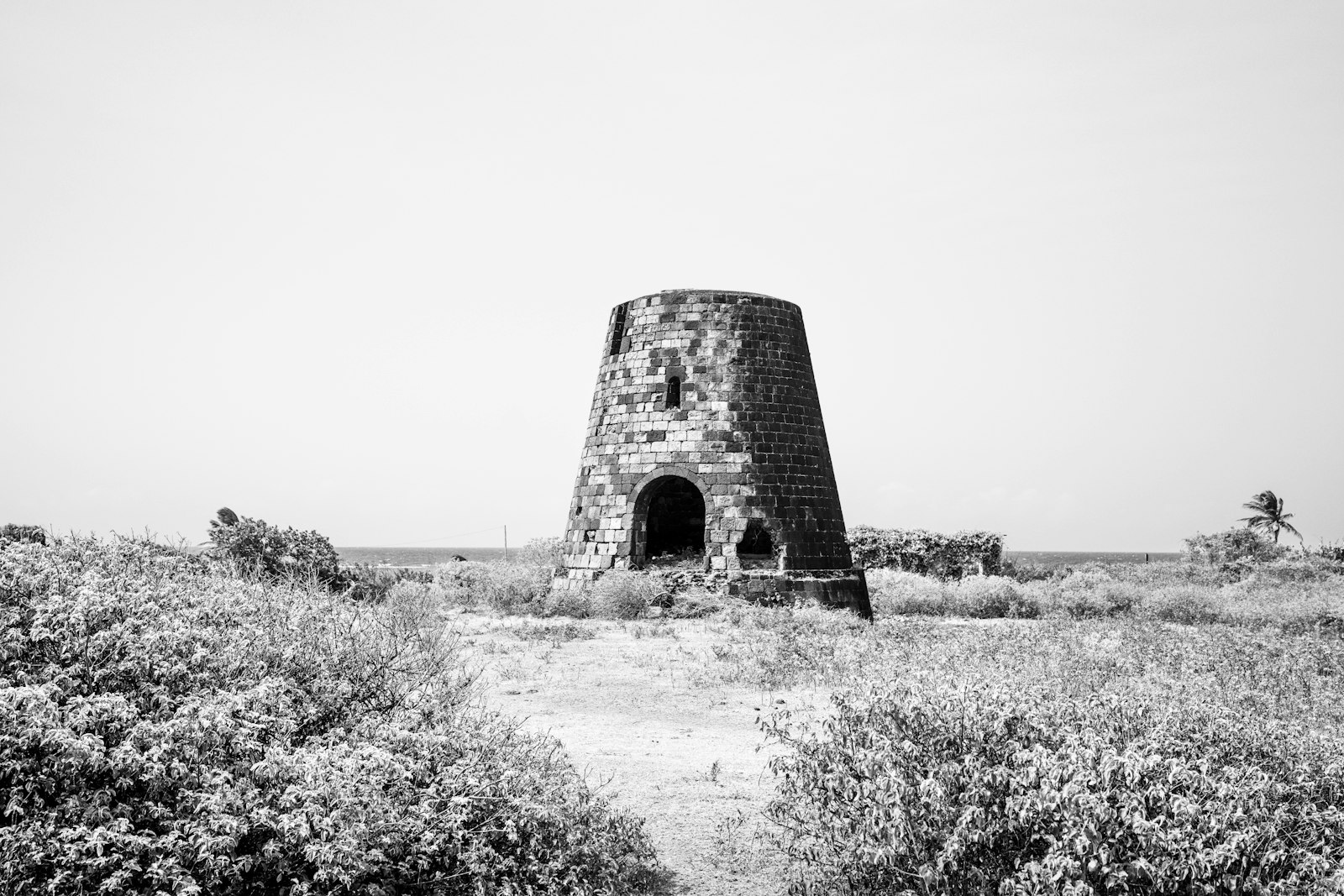 Black and white photograph of a ruined stone sugar mill tower in scrubland at Dieppe Bay, St Kitts, with the sea behind